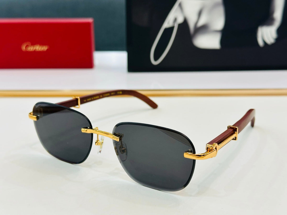 CARTIER C DE RIMLESS SQUARE FRAME SUNGLASSES CT0605S IN METAL AND WOODEN