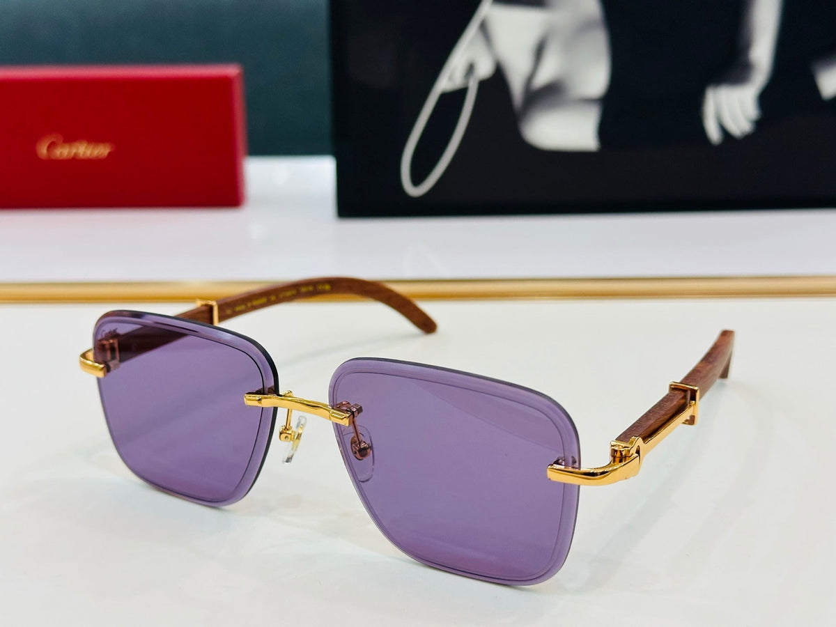 CARTIER C DE RIMLESS RECTANGULAR FRAME SUNGLASSES CT0607S IN METAL AND WOODEN