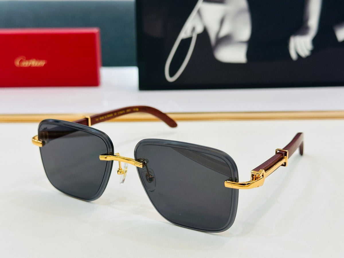 CARTIER C DE RIMLESS RECTANGULAR FRAME SUNGLASSES CT0607S IN METAL AND WOODEN