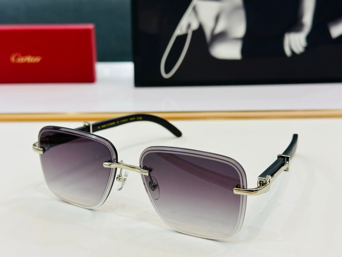CARTIER C DE RIMLESS RECTANGULAR FRAME SUNGLASSES CT0607S IN METAL AND WOODEN