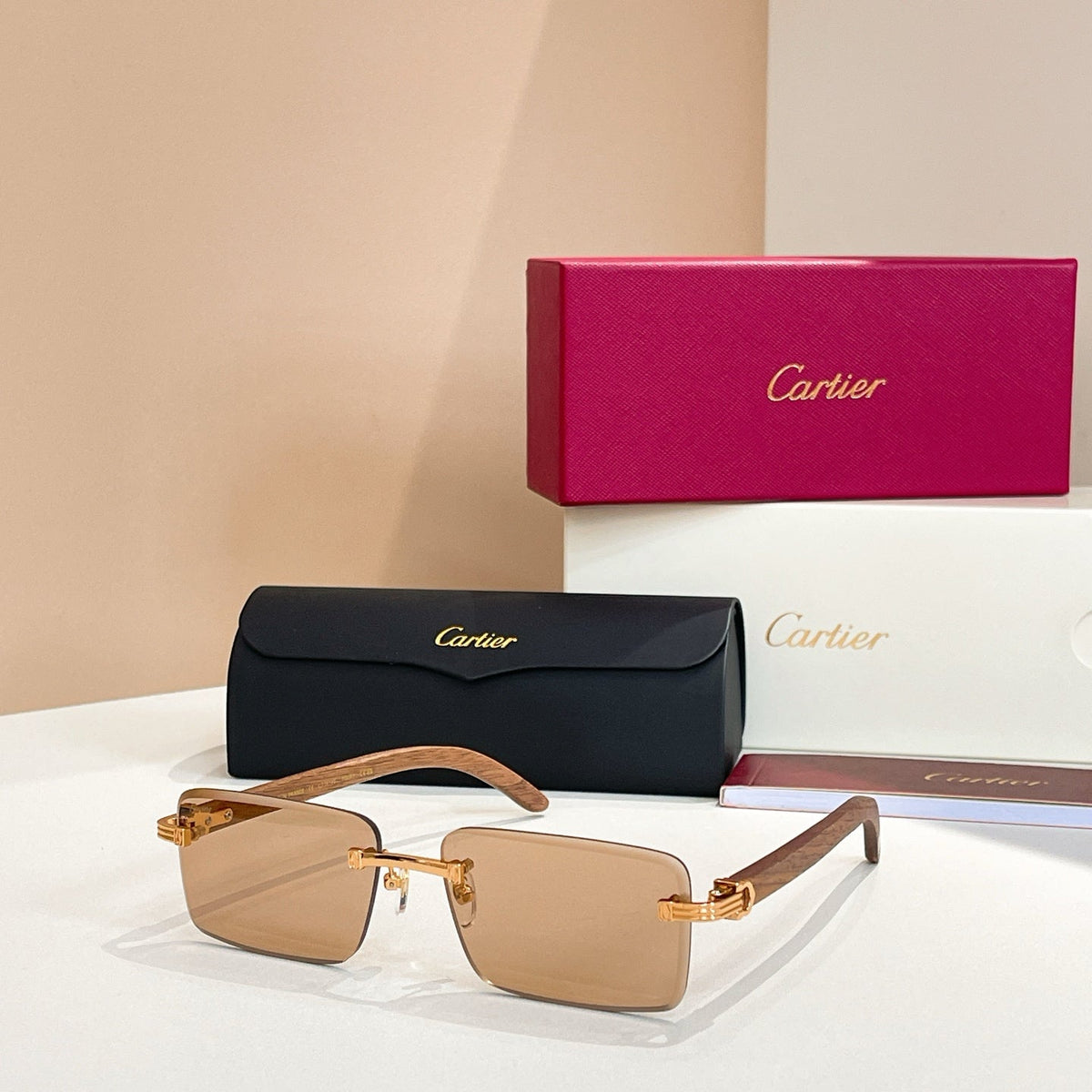 CARTIER C DE RIMLESS RECTANGULAR FRAME SUNGLASSES CT0619S IN METAL AND WOODEN