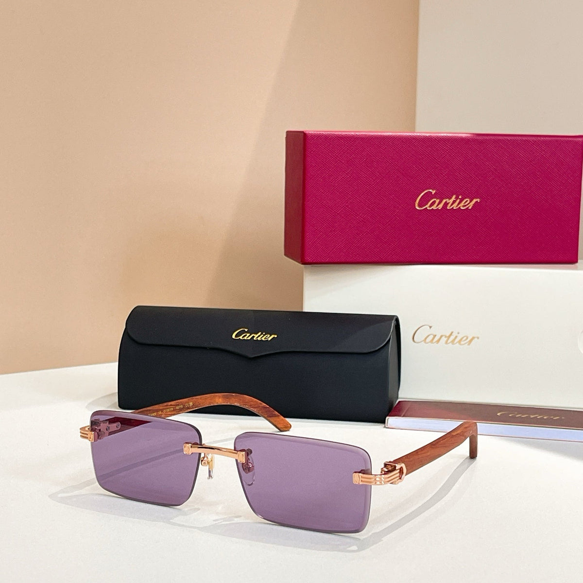 CARTIER C DE RIMLESS RECTANGULAR FRAME SUNGLASSES CT0619S IN METAL AND WOODEN