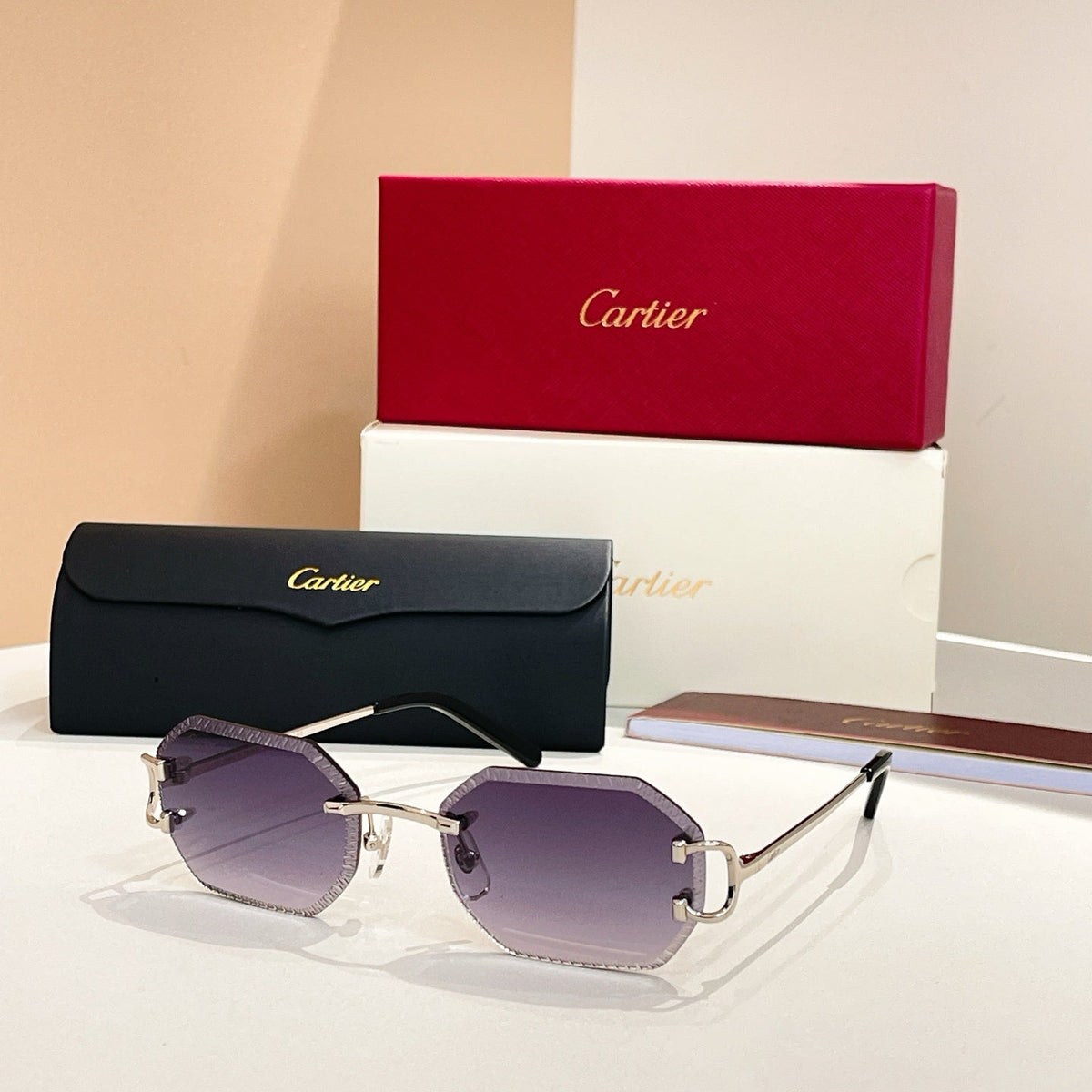 CARTIER C DE RIMLESS GEOMETRIC FRAME SUNGLASSES CT0092O IN METAL
