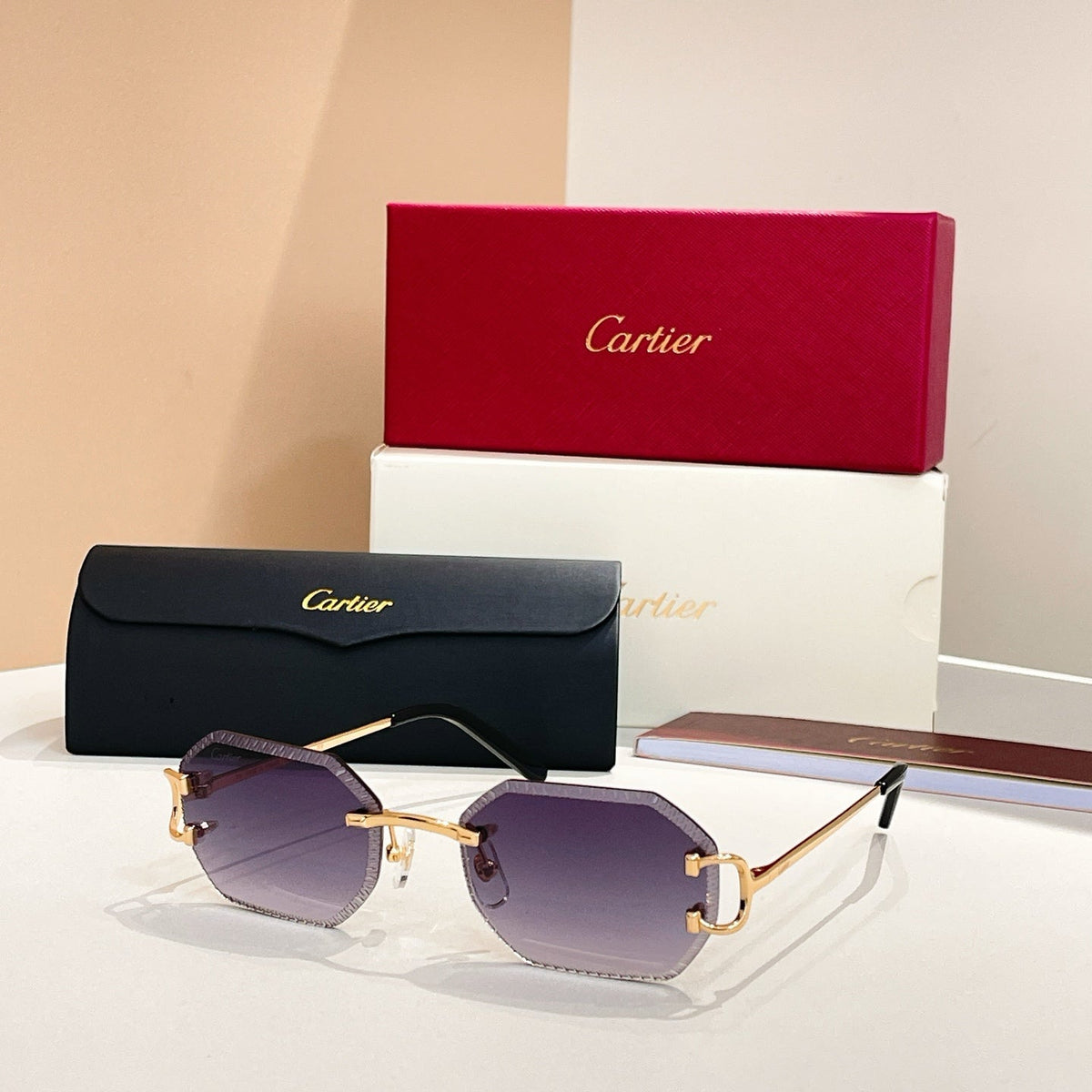CARTIER C DE RIMLESS GEOMETRIC FRAME SUNGLASSES CT0092O IN METAL