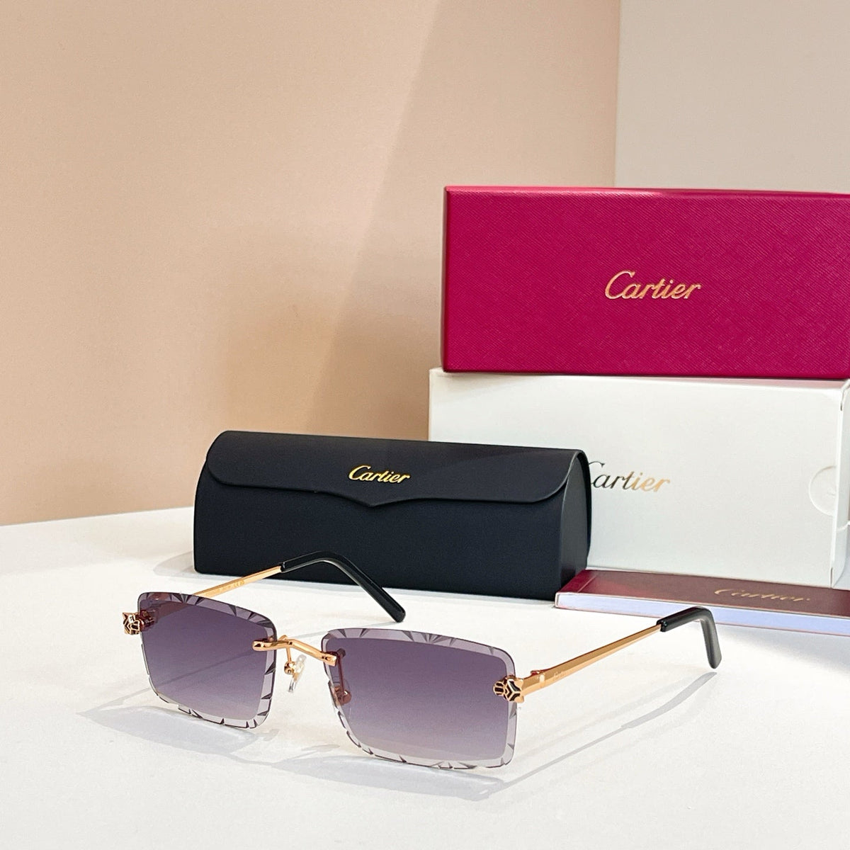 CARTIER C DE RIMLESS RECTANGULAR FRAME SUNGLASSES 578359 IN METAL