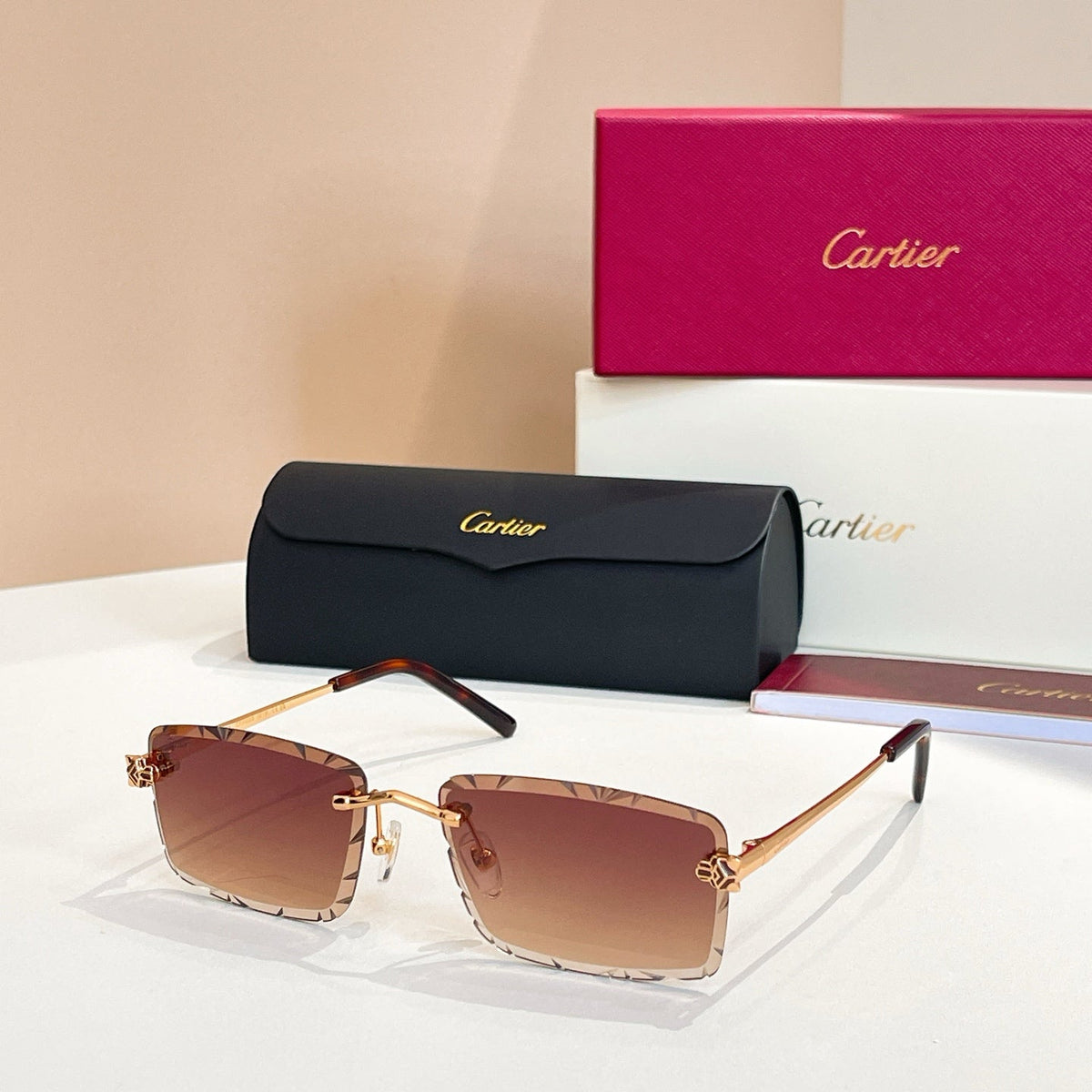 CARTIER C DE RIMLESS RECTANGULAR FRAME SUNGLASSES 578359 IN METAL