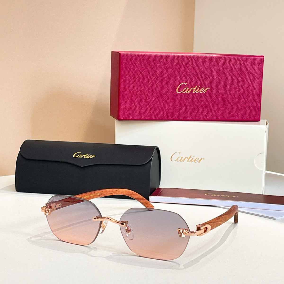 CARTIER C DE RIMLESS GEOMETRIC FRAME SUNGLASSES 579510 IN METAL AND WOODEN