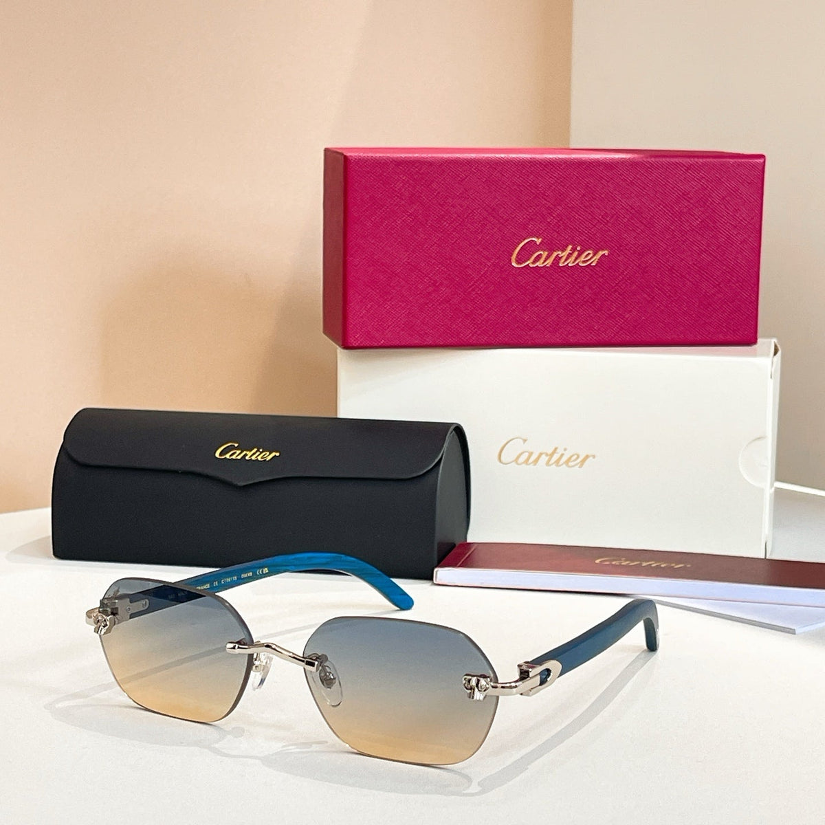 CARTIER C DE RIMLESS GEOMETRIC FRAME SUNGLASSES 579510 IN METAL AND WOODEN