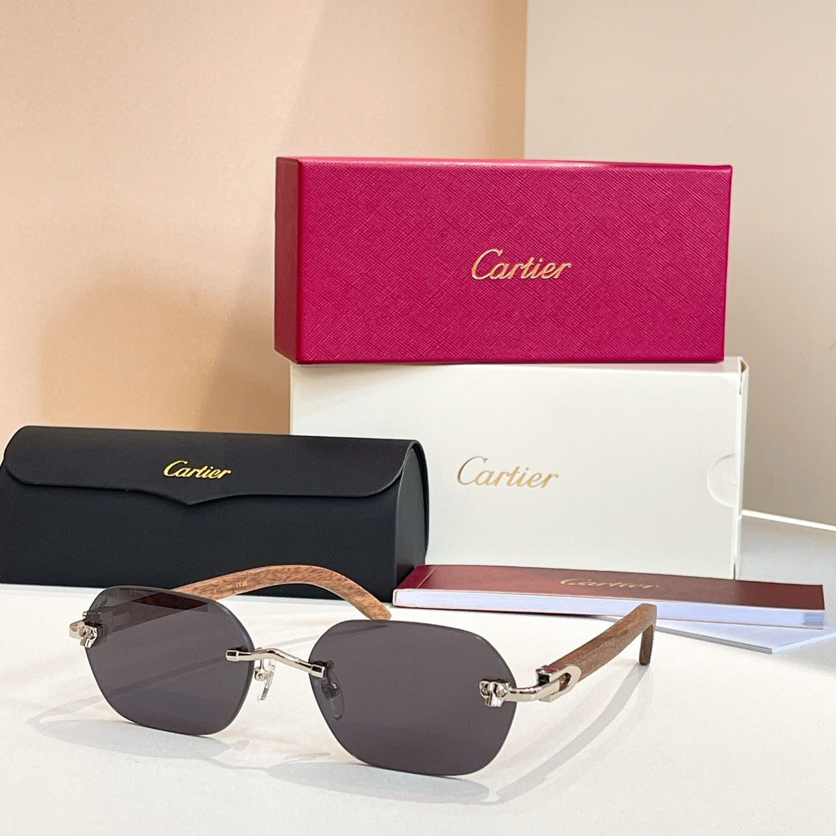 CARTIER C DE RIMLESS GEOMETRIC FRAME SUNGLASSES 579510 IN METAL AND WOODEN