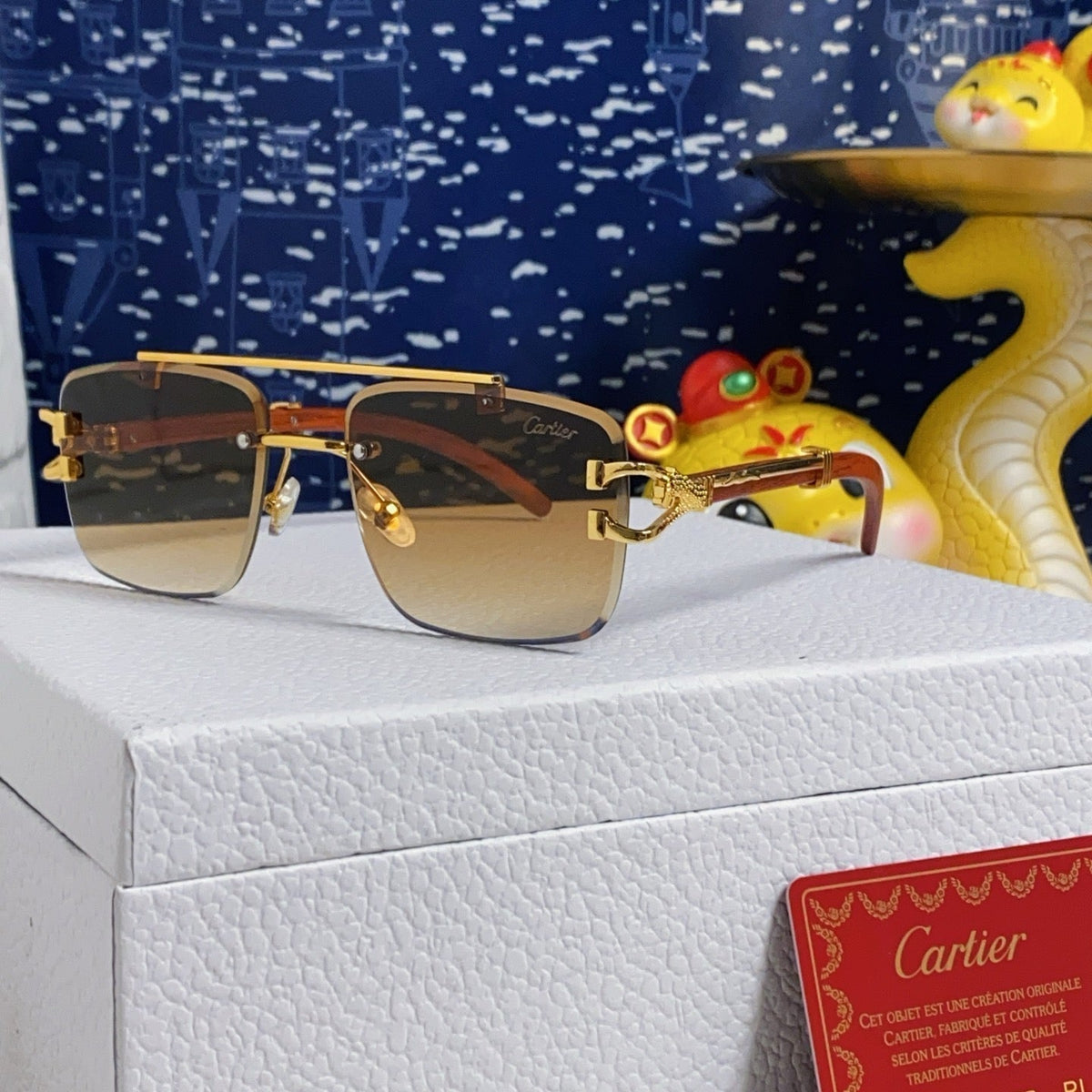 CARTIER C DE SQUARE FRAME SUNGLASSES 522656 IN METAL AND WOODEN