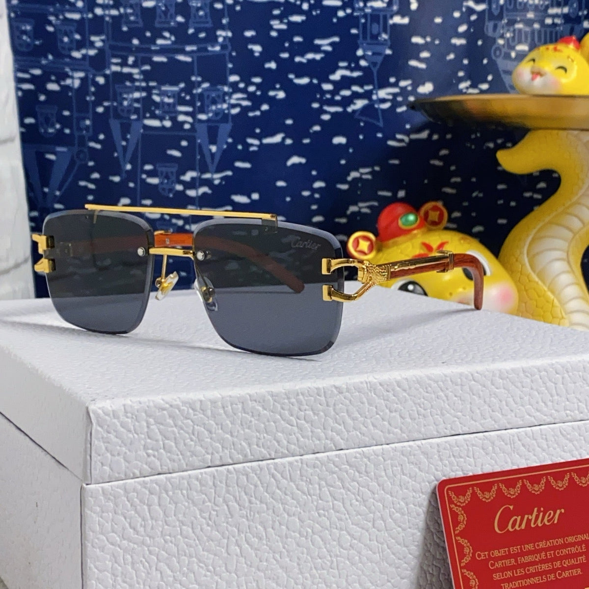 CARTIER C DE SQUARE FRAME SUNGLASSES 522656 IN METAL AND WOODEN