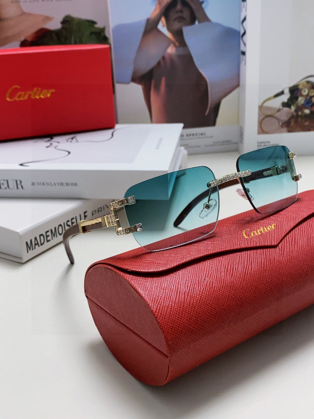 CARTIER CRYSTAL STUDDED C DE RECTANGULAR FRAME SUNGLASSES 533159 IN METAL